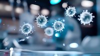 Microscopic virus cells floating in blue atmospheric background with bokeh lights, scientific medical research concept for healthcare and disease prevention.