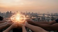 Hands holding glowing lightbulb with gear symbol against urban skyline at sunset, representing innovation, teamwork, and sustainable business solutions for corporate presentations.