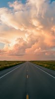 Straight asphalt highway stretching toward horizon under dramatic golden sunset clouds, endless road through flat grassland plains for travel and journey concepts.