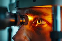 Close-up of human eye during medical examination with bright orange diagnostic light, ophthalmologist equipment visible in foreground, dramatic medical setting.
