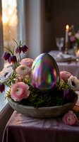 Iridescent Easter egg surrounded by pink ranunculus, white anemones, and burgundy fritillaria flowers in moss-filled stone bowl on purple fabric for holiday celebrations.