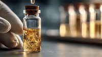 Small glass vial with golden liquid and cork stopper held by gloved hand in laboratory setting with blurred bottles in background.