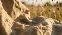 Beige linen fabric with natural texture draped outdoors in golden sunlight, showcasing soft folds and weave details for textile and fashion design projects.