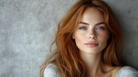 Young woman with natural red hair and freckles smiling confidently against concrete wall background, wearing white sweater, soft natural daylight illuminates gentle features.