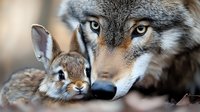 Close-up portrait of wolf and rabbit together showing unusual friendship concept, representing harmony in nature, peace and coexistence between predator and prey.