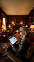 Senior woman with gray hair and glasses using tablet in luxurious wood-paneled library room with fireplace, bookshelves, leather furniture and warm lighting for business and technology concepts.