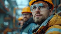 Professional construction worker in safety gear including hard hat and protective glasses, wearing yellow reflective jacket, perfect for workplace safety campaigns.