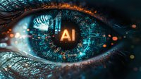 Futuristic macro eye with glowing AI symbol and digital circuit patterns reflecting artificial intelligence concept in cyan and orange colors.