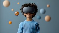 Young African American boy wearing VR headset with floating planets around him against blue background, expressing wonder and excitement in virtual space exploration.