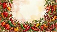 Watercolor illustration of fresh red and yellow peppers with green leaves arranged as a decorative border frame on cream background, suitable for culinary designs and food packaging.
