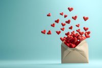 Open envelope with red hearts flying out against turquoise background, romantic love letter concept for Valentine's day or anniversary celebration.