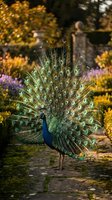Majestic peacock displaying vibrant tail feathers in autumn garden setting with golden foliage and warm sunlight creating natural wildlife photography composition.