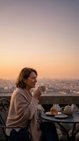 Middle-aged Caucasian woman enjoying morning coffee on city terrace during golden hour sunrise with pastry breakfast and urban skyline view.