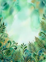 Watercolor botanical frame with ornamental foliage, gold accents, and soft green washes creating elegant border design for invitations, cards, and creative projects.