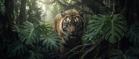 Majestic tiger prowling through dense tropical jungle with lush green foliage and dramatic sunlight filtering through canopy for wildlife conservation campaigns.