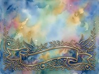 Watercolor background with ornate gold decorative banner and flourishing leaf elements, featuring soft pastel colors blending across canvas for artistic design projects and creative compositions.