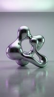 Metallic abstract sculpture with flowing organic forms and reflective chrome surface, featuring purple and green iridescent tones on gradient background for modern design projects.