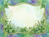 Ornate botanical frame with green foliage and decorative scrollwork on watercolor background, isolated on white space for greeting cards, invitations, and design projects.