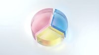 Colorful translucent glass sphere divided into three segments in pink blue and yellow on white background isolated for modern design projects.