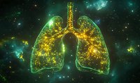 Glowing green and gold anatomical lungs with intricate network of bronchi against cosmic space background with stars and nebula clouds. Medical concept.