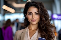 Young Mediterranean businesswoman with long dark wavy hair and confident smile wearing beige blazer in office environment holding smartphone.