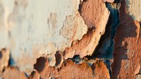 Weathered paint peeling from old wall surface showing layers of orange, blue and white colors creating abstract texture for renovation projects.