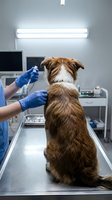Veterinarian in blue gloves examining brown and white dog on metal table in clinical setting with medical equipment and fluorescent lighting.