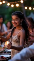 Young woman with radiant smile at outdoor evening dinner party, wearing lace dress against warm string light bokeh background. Natural candid moment at garden celebration.