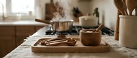 Wooden kitchen utensils and bowl arranged on cutting board with steaming pot in background creating cozy cooking atmosphere for culinary content.