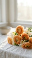 Fresh orange and white ranunculus flowers bouquet on linen tablecloth near bright window creating soft romantic morning light atmosphere for home decor.