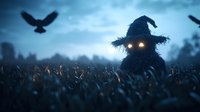 Mysterious scarecrow with glowing eyes standing in cornfield at dusk, silhouetted against moody blue sky with flying birds, creating eerie Halloween atmosphere.