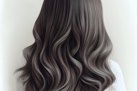 Long wavy silver grey hair with dark roots and smooth gradient ombre effect shown from behind on white background, modern trendy hairstyle for beauty salon.