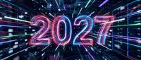 Neon glowing 2027 text with motion blur and digital light streaks on dark background, suitable for new year, future technology, and countdown designs.