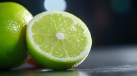 Fresh lime cut in half showing juicy pulp and bright green peel on dark background, macro shot with selective focus for food and beverage photography.