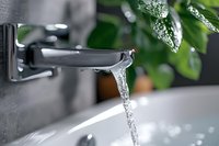 Clear stream of water flowing from modern bathroom faucet with droplets and green plants in background, showcasing freshness and purity in home interior setting.