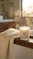 Lit candle with self care label on wooden bath tray beside waffle towel, warm golden light, cozy spa bathroom atmosphere.