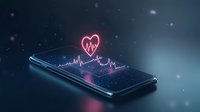 Glowing pink heart rate pulse line and heart symbol floating above smartphone screen on dark background with bokeh lights. Medical health monitoring concept.