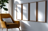 Modern minimalist interior with mustard yellow armchair and four empty wooden frames on white wall, natural sunlight casting soft shadows through window.