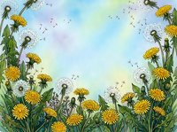 Watercolor dandelion frame with yellow blooms and fluffy seed heads on a soft blue-green sky background, seeds floating in the breeze.