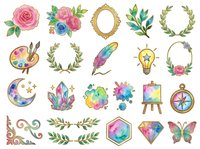 Watercolor floral wreaths, roses, feathers, crystals, and decorative elements isolated on white background, ready for design projects, invitations, and crafts.