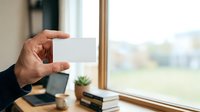 Young adult male with medium skin tone holding blank white business card in office environment near window with natural light, suitable for corporate branding and business marketing materials.