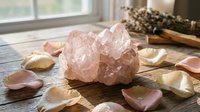 Rose quartz crystal cluster surrounded by pink flower petals on wooden surface near window with natural light for healing meditation and wellness.