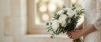 Bride holding elegant white rose bouquet with eucalyptus leaves in lace wedding dress, soft natural lighting for wedding ceremony celebration.