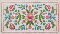 Traditional floral embroidery pattern with pink roses and blue leaves on cream background. Vintage needlework design for textile crafts and home decor projects.