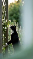 Black cat sitting by garden trellis with white jasmine flowers in soft morning light creating peaceful domestic scene with natural bokeh background.