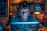 Young Caucasian boy with messy brown hair illuminated by blue screen light in dark room, focused expression while using digital device, dramatic moody lighting.
