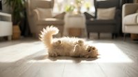 Fluffy cream-colored dog lying on back playfully on light wooden floor in modern living room with neutral furniture and natural sunlight for pet lifestyle content.