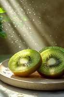 Fresh juicy kiwi fruit halves on ceramic plate with water drops and sunlight rays creating magical bokeh effect in background.