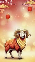 Ram with curved horns on festive background with red lanterns and cherry blossoms for lunar new year celebration and zodiac animal greeting cards.