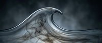Abstract liquid metal wave with flowing curves and reflective surface against dark stormy background for modern design projects.